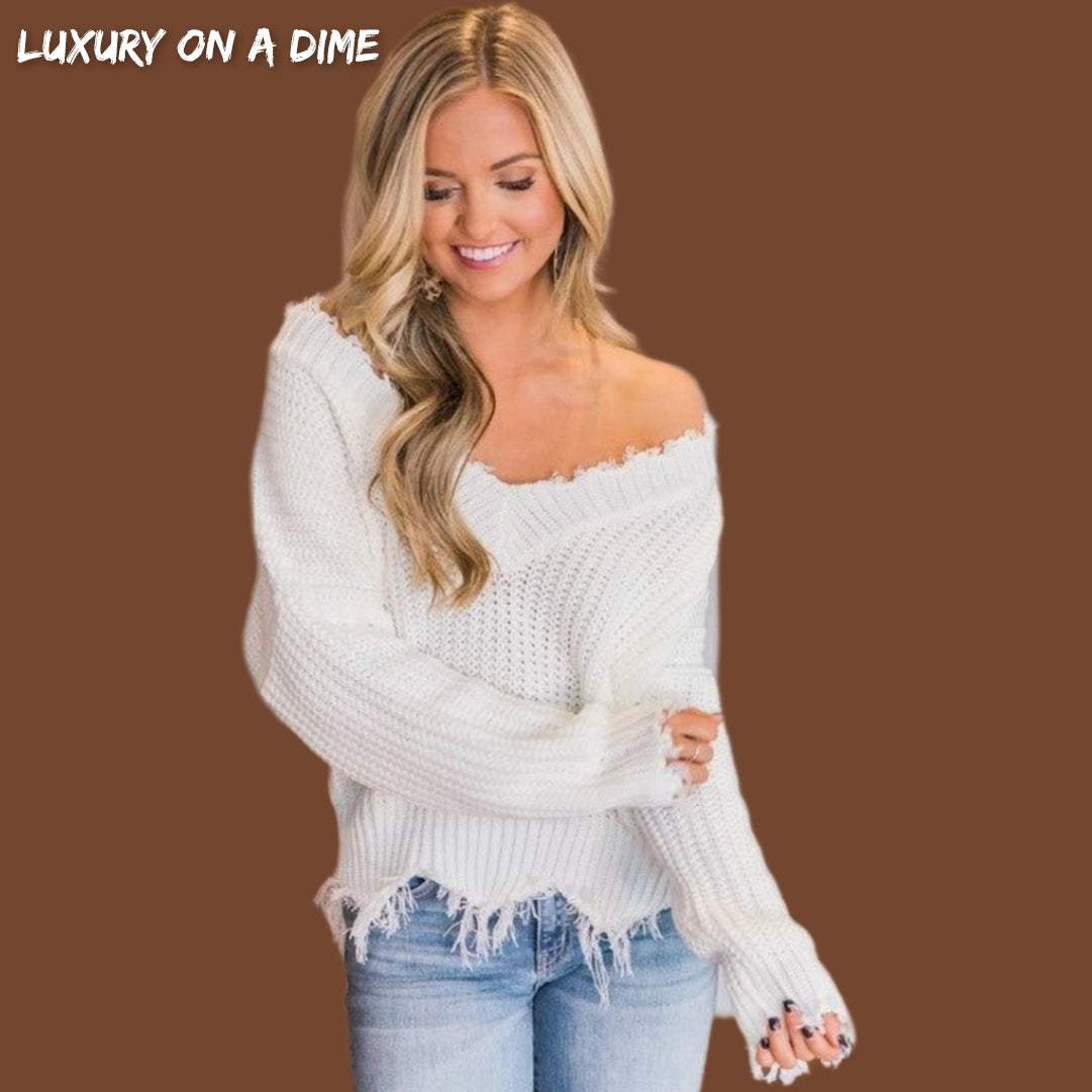 Distressed Raw Hem Off Shoulder Wide Neck Long Sleeve Waffle Knit Sweater Shirt