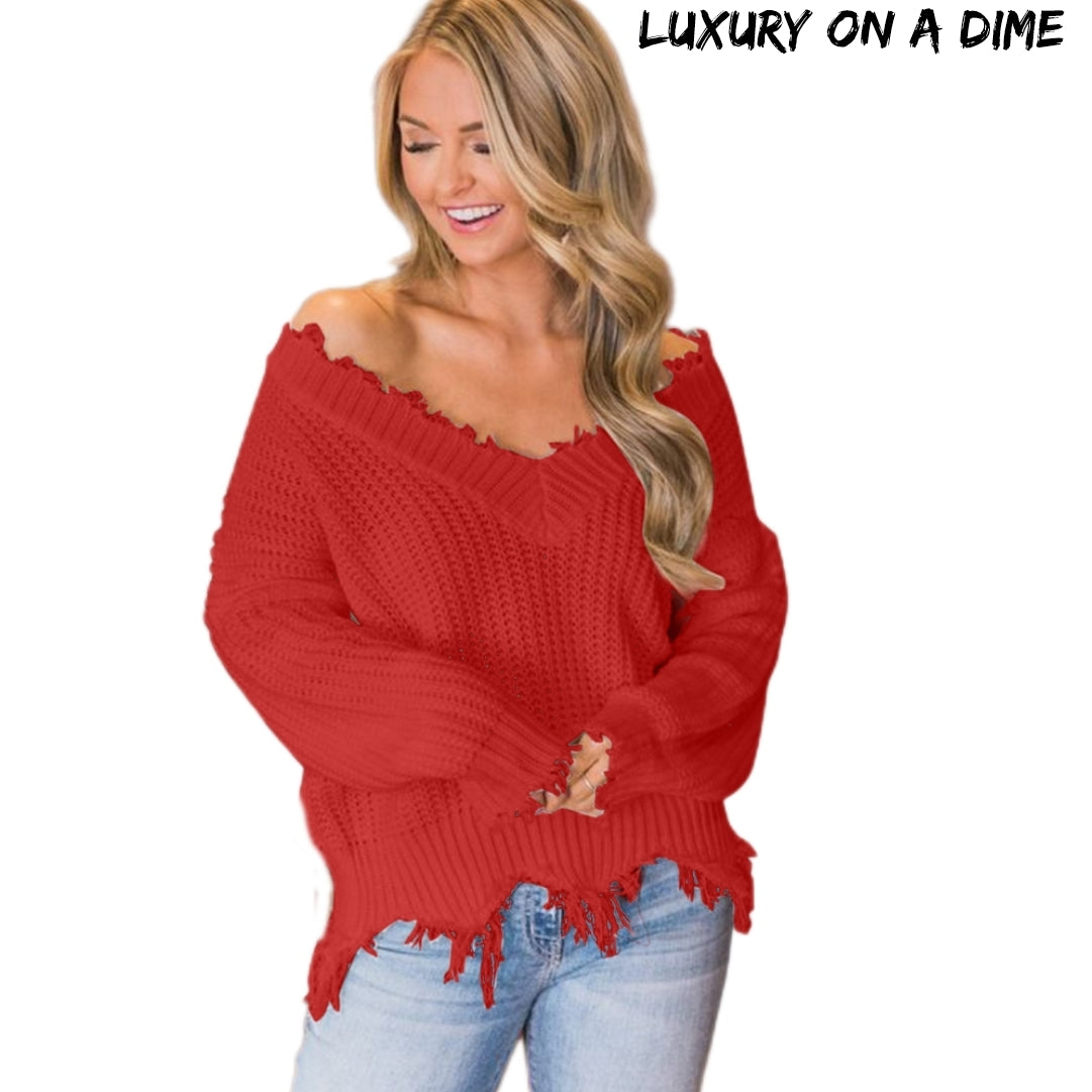 Distressed Raw Hem Off Shoulder Wide Neck Long Sleeve Waffle Knit Sweater Shirt