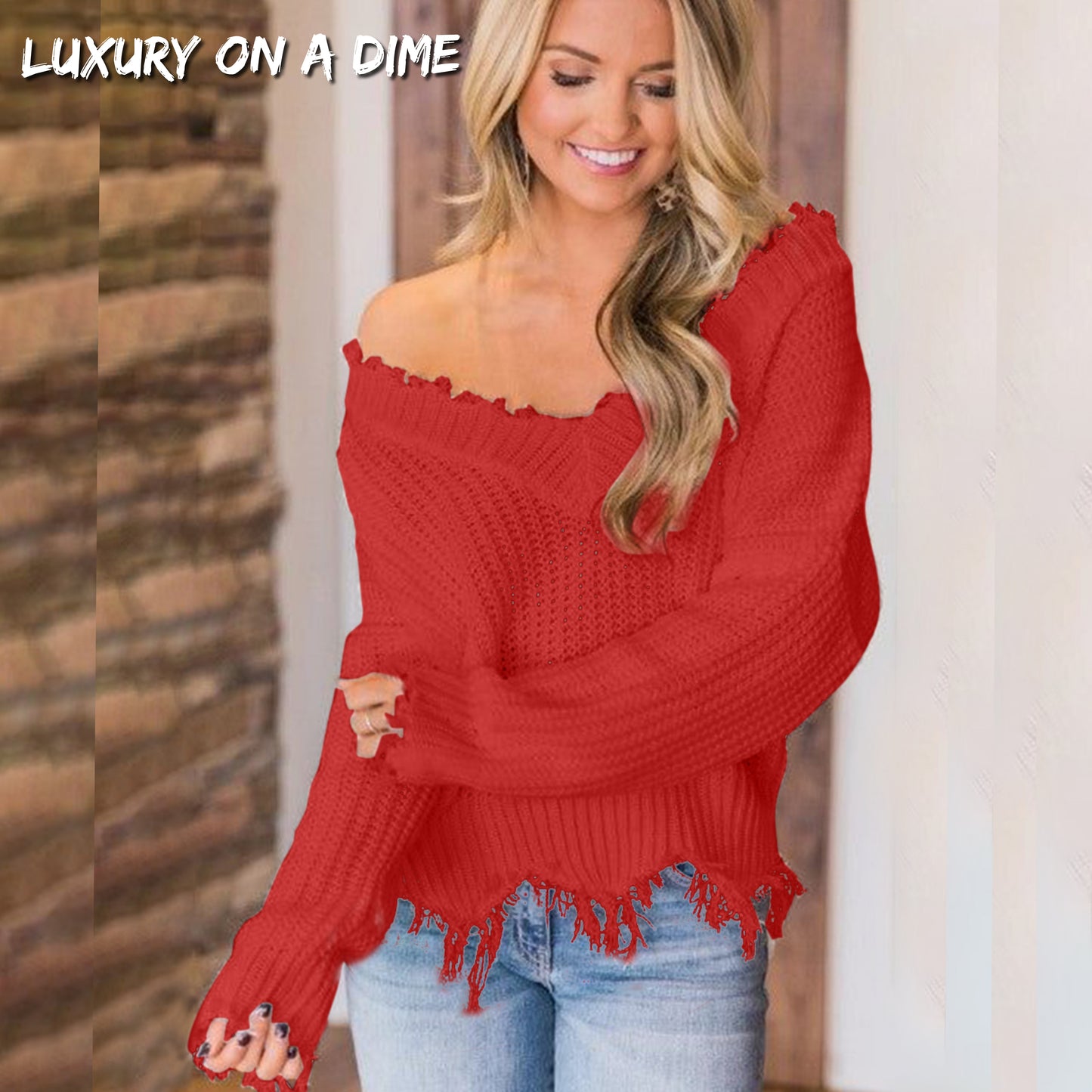 Distressed Raw Hem Off Shoulder Wide Neck Long Sleeve Waffle Knit Sweater Shirt