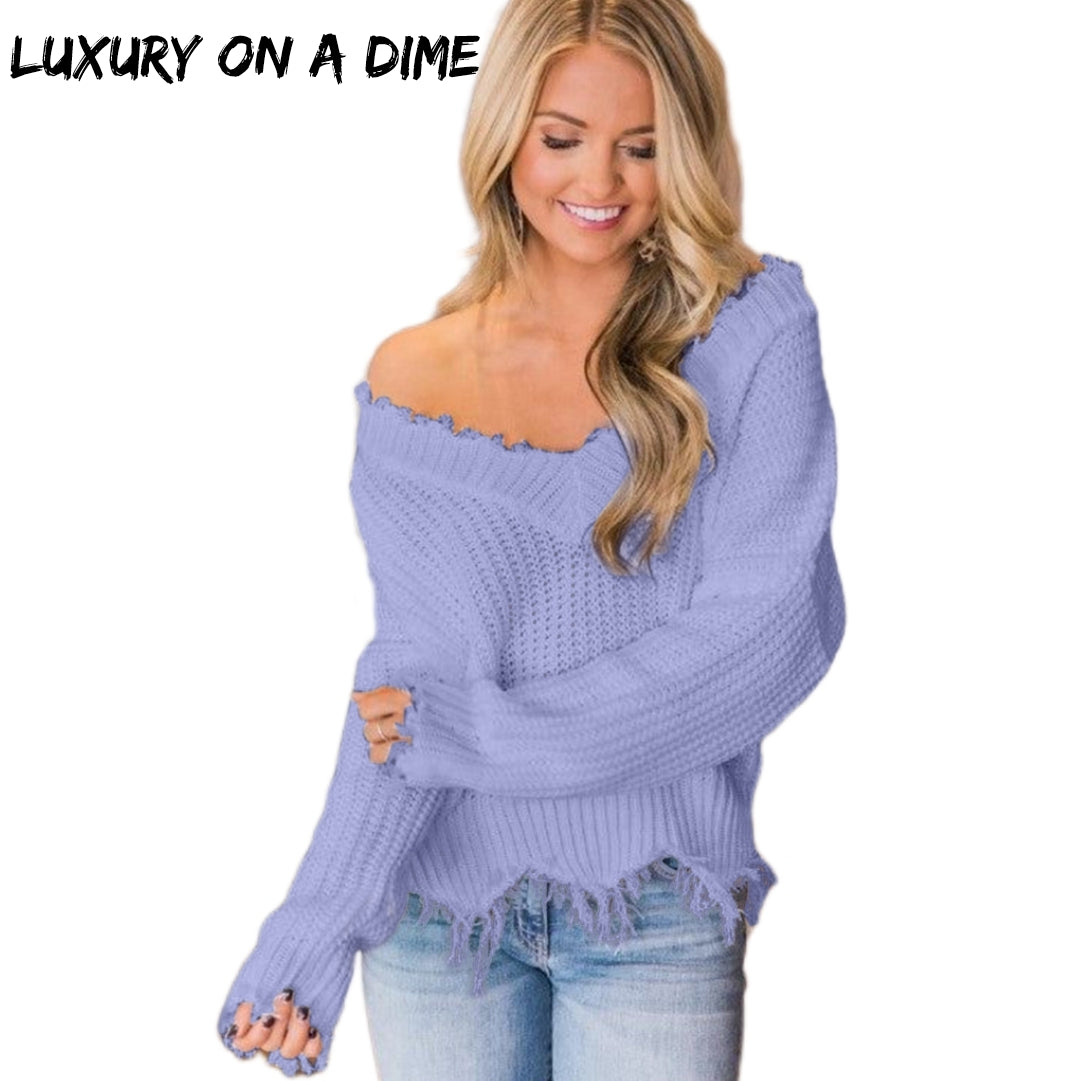 Distressed Raw Hem Off Shoulder Wide Neck Long Sleeve Waffle Knit Sweater Shirt