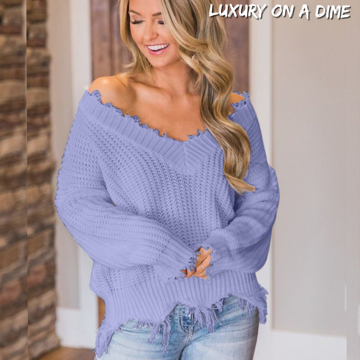 Distressed Raw Hem Off Shoulder Wide Neck Long Sleeve Waffle Knit Sweater Shirt