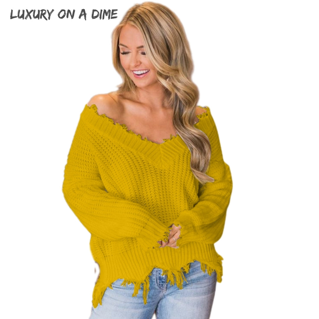 Distressed Raw Hem Off Shoulder Wide Neck Long Sleeve Waffle Knit Sweater Shirt