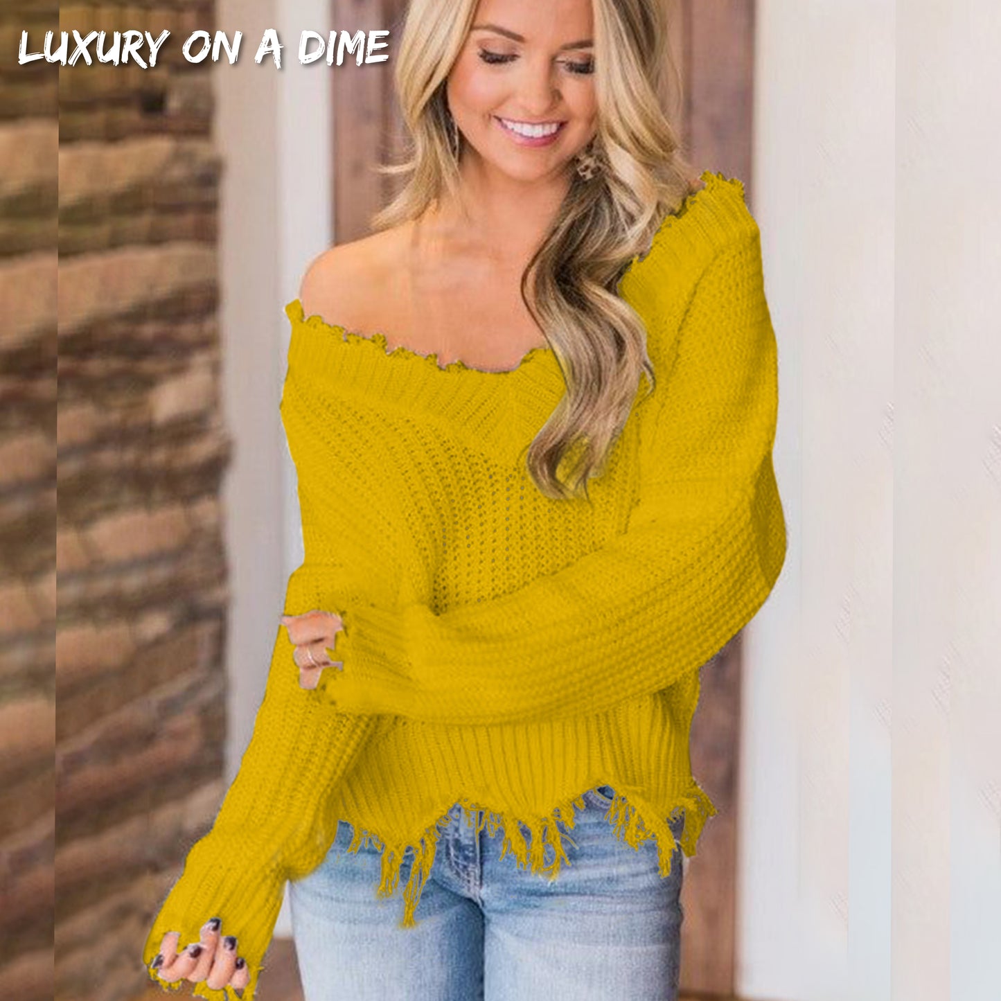 Distressed Raw Hem Off Shoulder Wide Neck Long Sleeve Waffle Knit Sweater Shirt