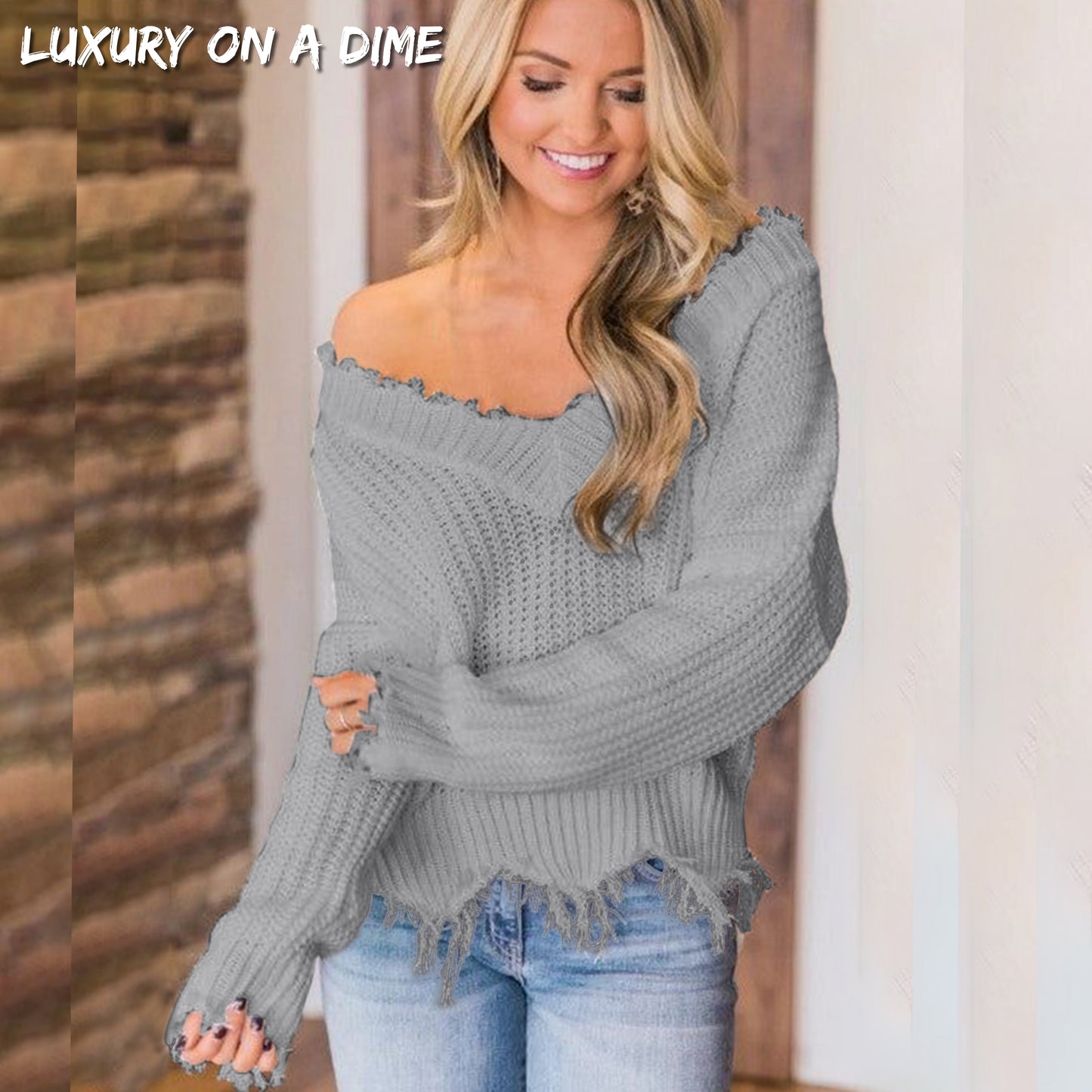 Distressed Raw Hem Off Shoulder Wide Neck Long Sleeve Waffle Knit Sweater Shirt