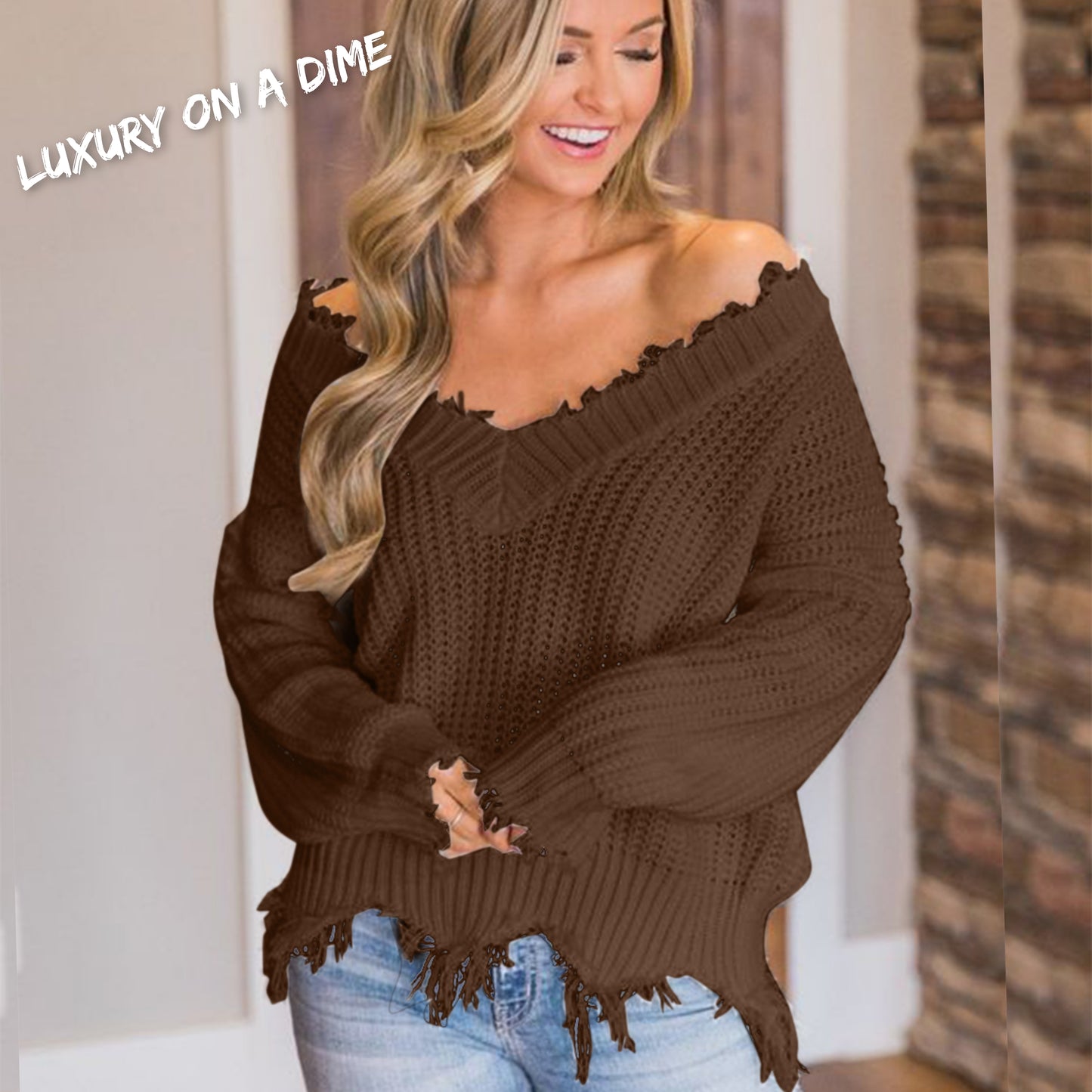 Distressed Raw Hem Off Shoulder Wide Neck Long Sleeve Waffle Knit Sweater Shirt