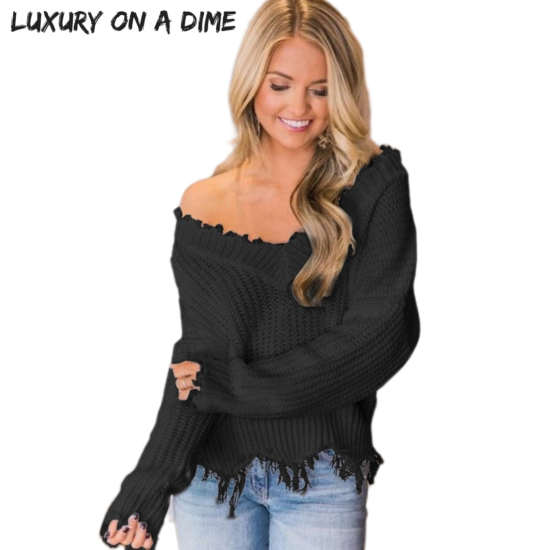 Distressed Raw Hem Off Shoulder Wide Neck Long Sleeve Waffle Knit Sweater Shirt