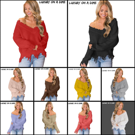 Distressed Raw Hem Off Shoulder Wide Neck Long Sleeve Waffle Knit Sweater Shirt