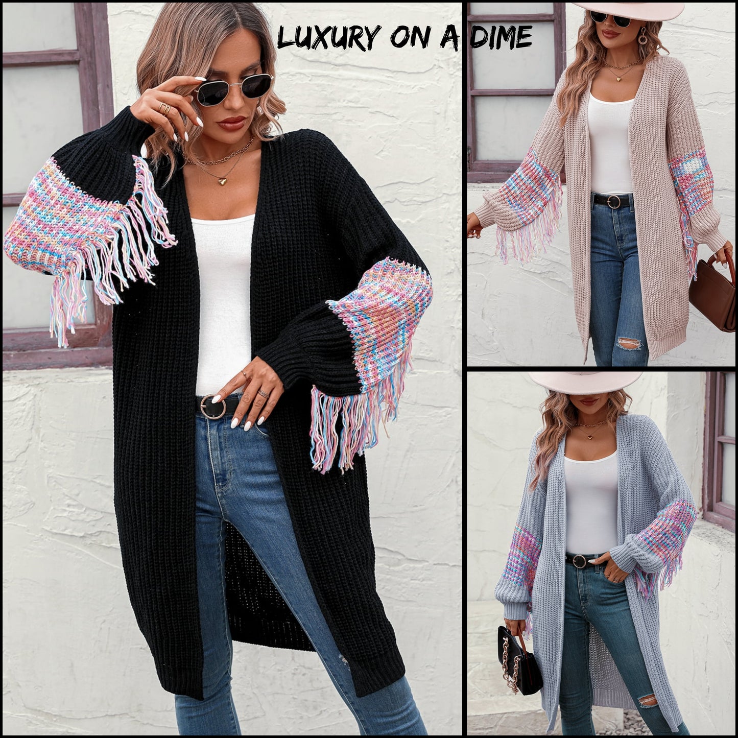 Fringe Sleeve Retro Waffle Knit Longline Cardigan Colorful Open Front Sweater Duster