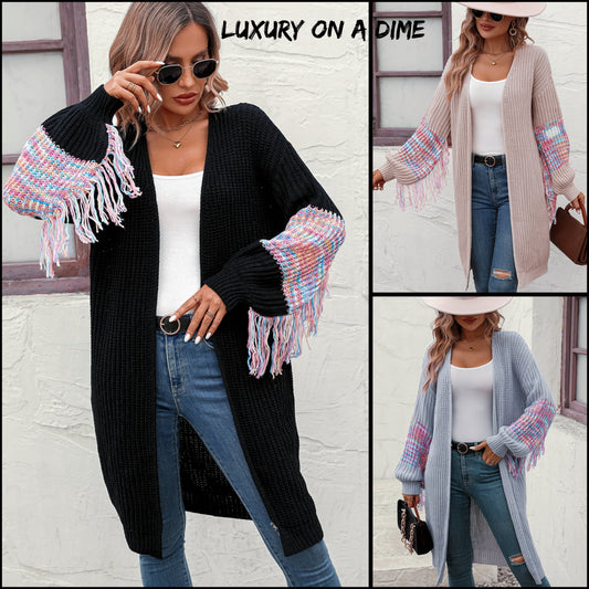 Fringe Sleeve Retro Waffle Knit Longline Cardigan Colorful Open Front Sweater Duster