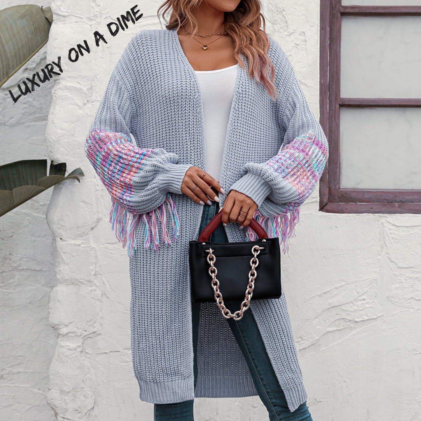 Fringe Sleeve Retro Waffle Knit Longline Cardigan Colorful Open Front Sweater Duster