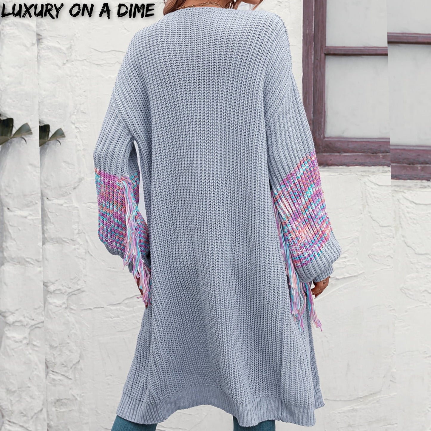 Fringe Sleeve Retro Waffle Knit Longline Cardigan Colorful Open Front Sweater Duster