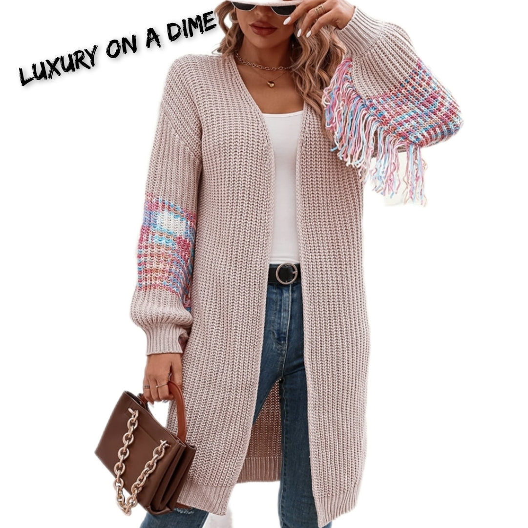 Fringe Sleeve Retro Waffle Knit Longline Cardigan Colorful Open Front Sweater Duster