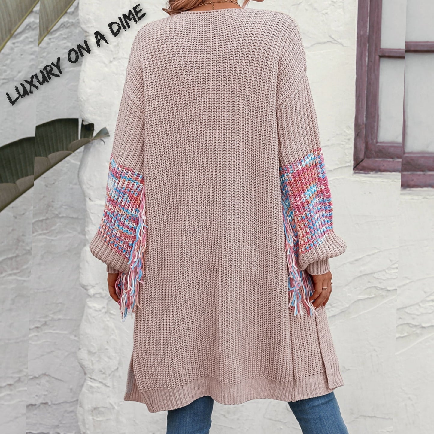 Fringe Sleeve Retro Waffle Knit Longline Cardigan Colorful Open Front Sweater Duster