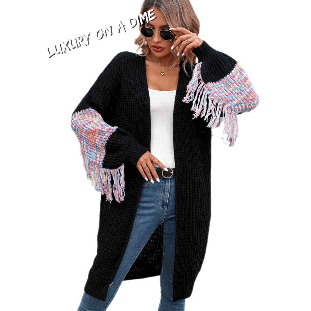 Fringe Sleeve Retro Waffle Knit Longline Cardigan Colorful Open Front Sweater Duster