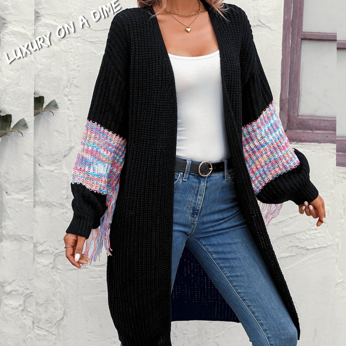 Fringe Sleeve Retro Waffle Knit Longline Cardigan Colorful Open Front Sweater Duster