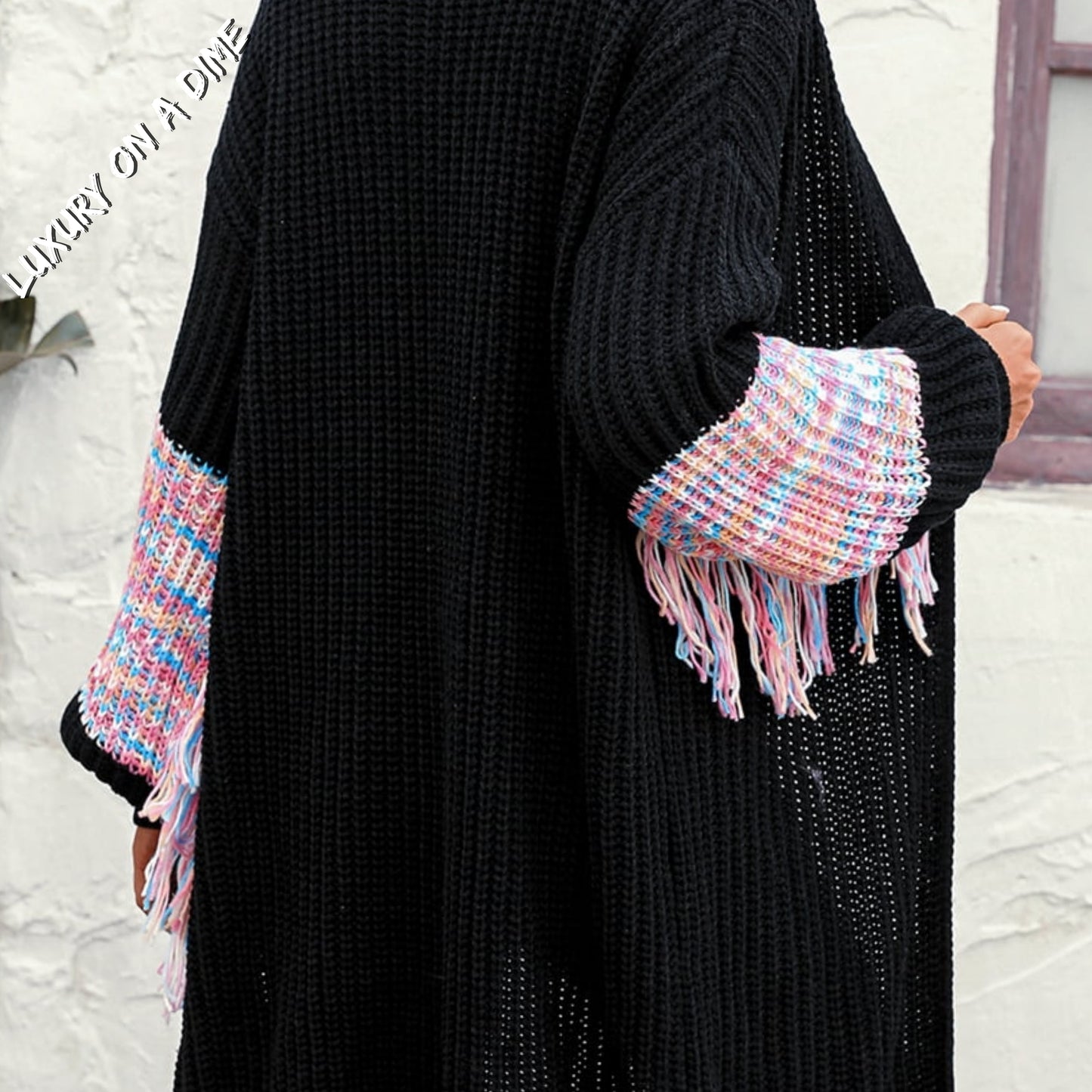 Fringe Sleeve Retro Waffle Knit Longline Cardigan Colorful Open Front Sweater Duster