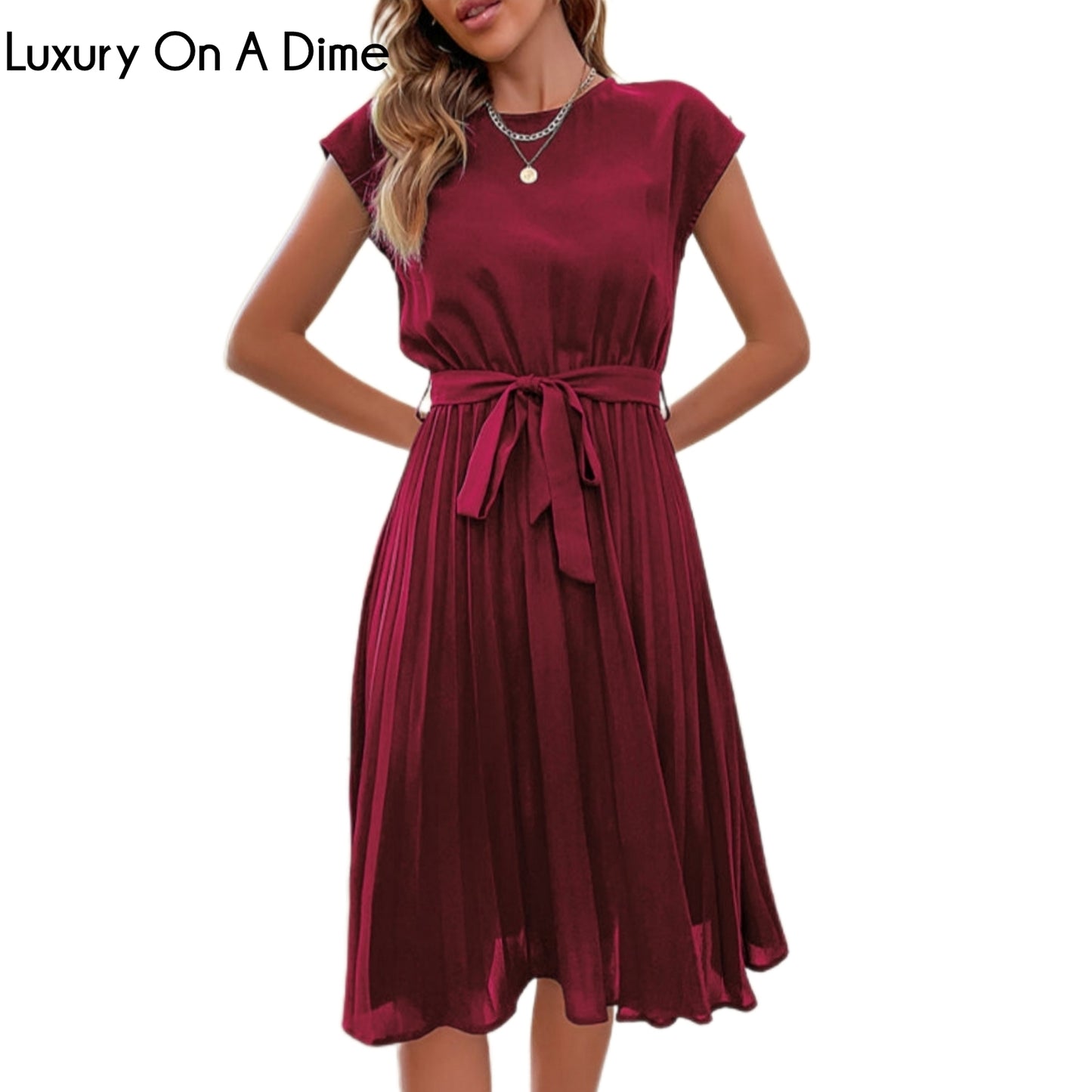 Retro Pleated Classy Modest Round Neck Short Sleeve Knee Length Midi Dress
