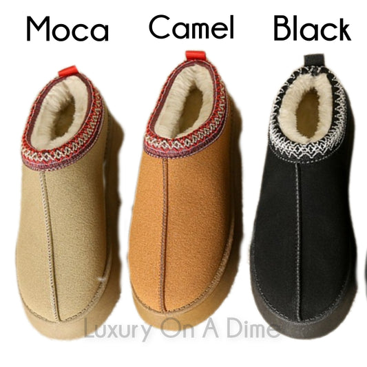 Fluffy Slippers Platform Tazz Faux Fur Slip-on Vegan Suede Mule Winter
