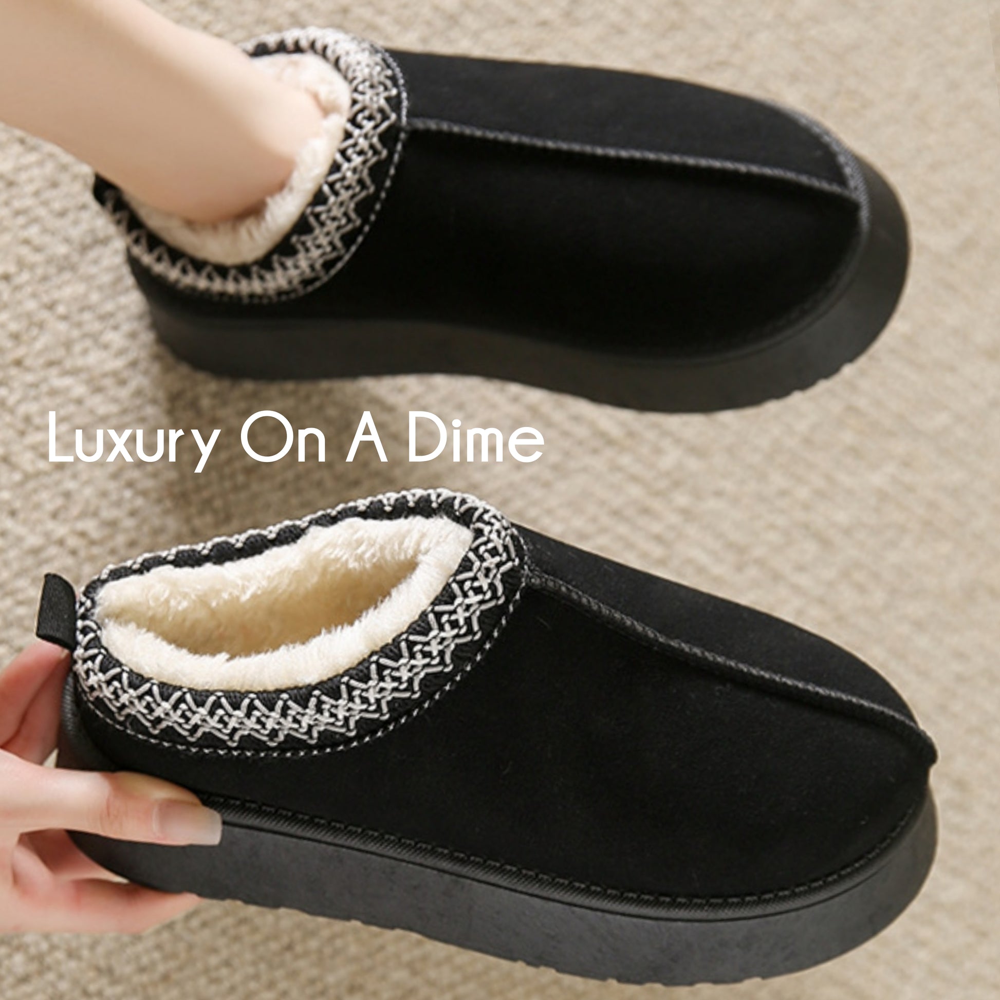 Fluffy Slippers Platform Tazz Faux Fur Slip-on Vegan Suede Mule Winter