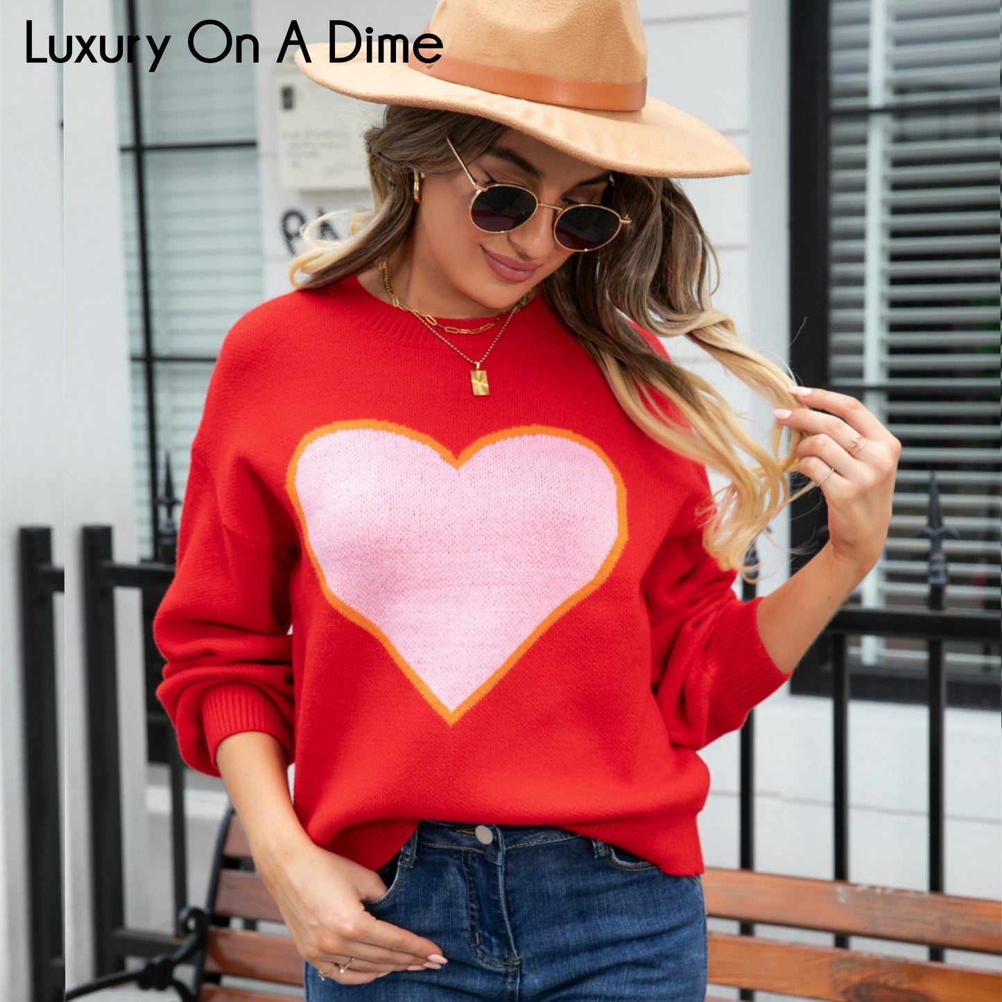 Knit Heart Contrasting Classic Round Neck Pullover Top Long Sleeve Sweater Shirt