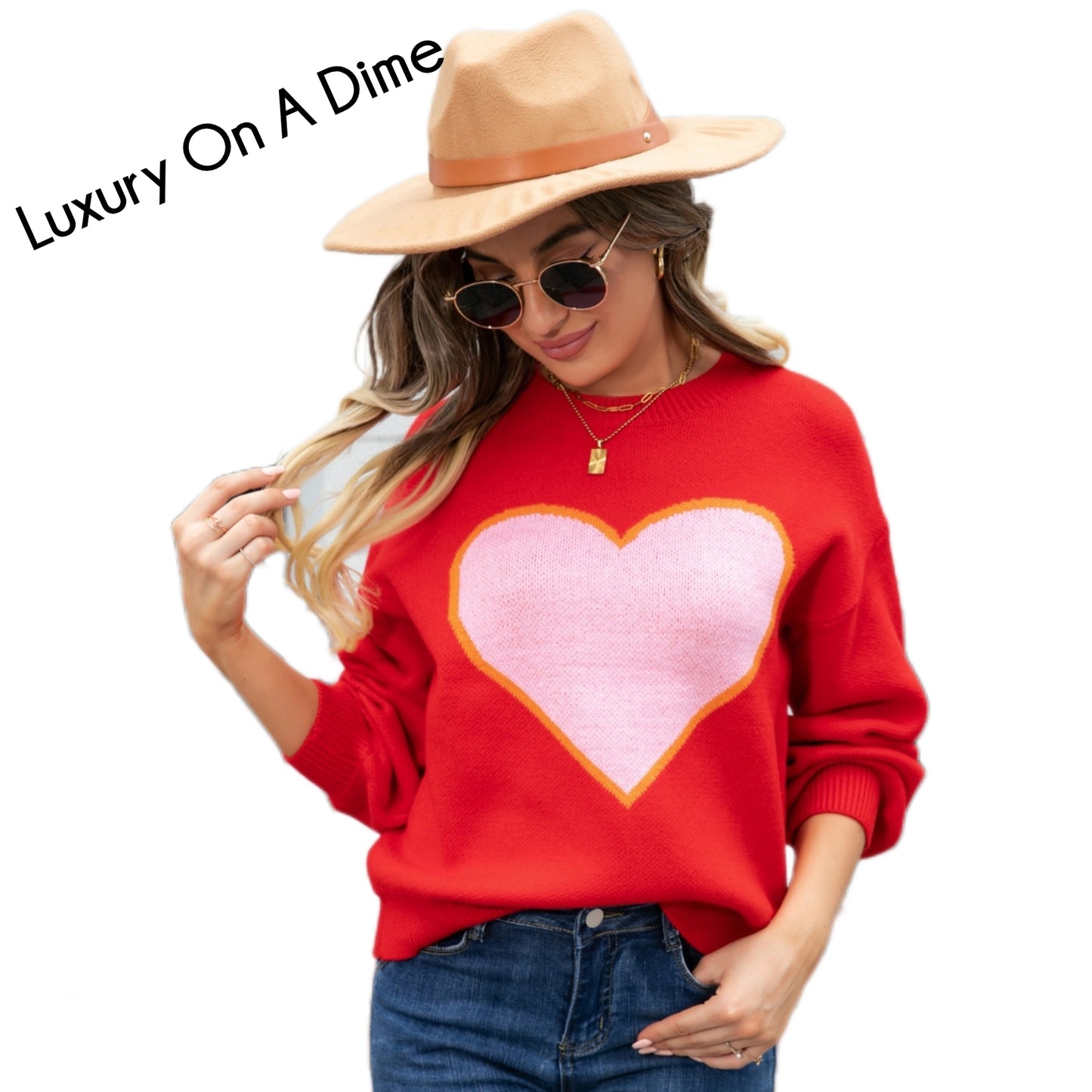 Knit Heart Contrasting Classic Round Neck Pullover Top Long Sleeve Sweater Shirt