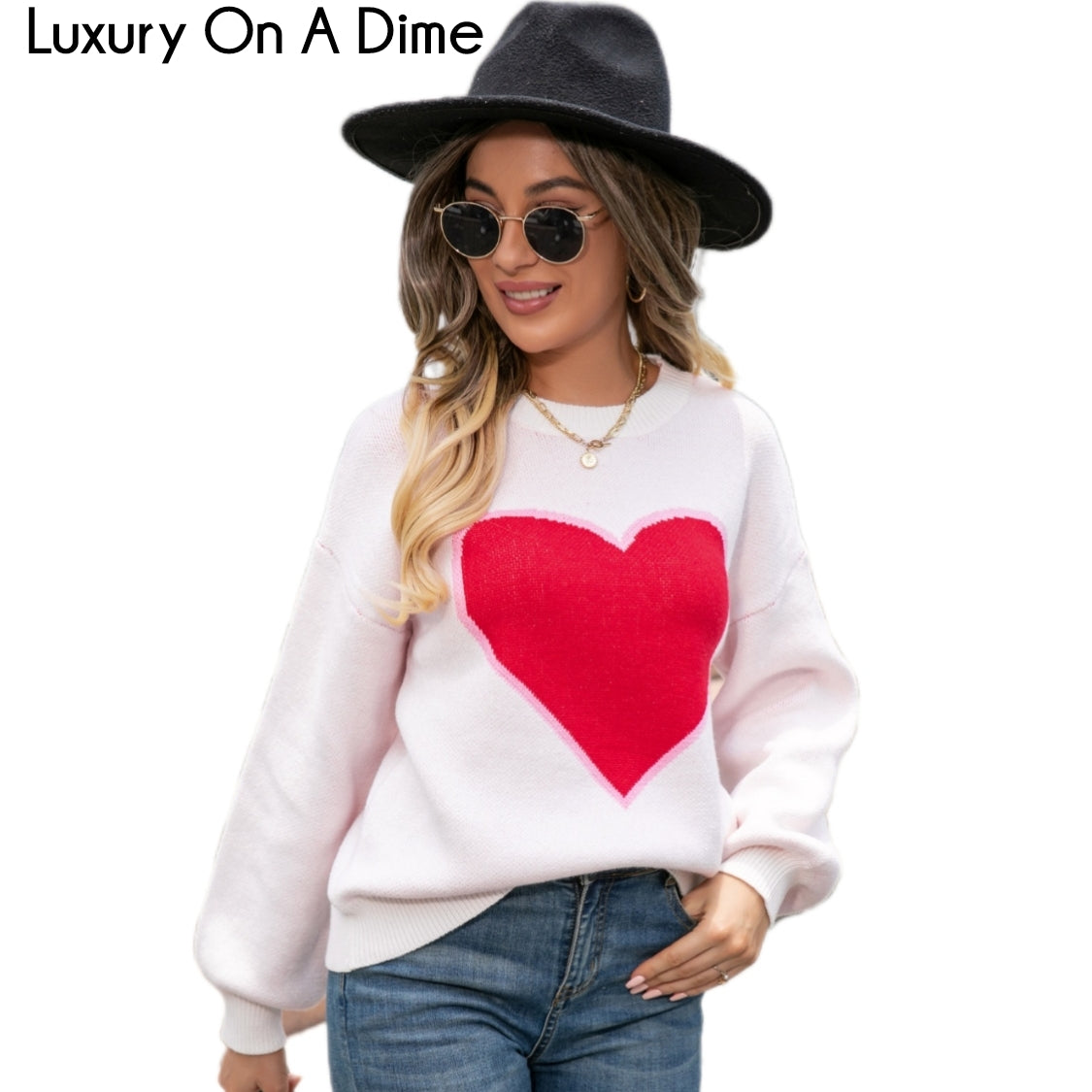 Knit Heart Contrasting Classic Round Neck Pullover Top Long Sleeve Sweater Shirt