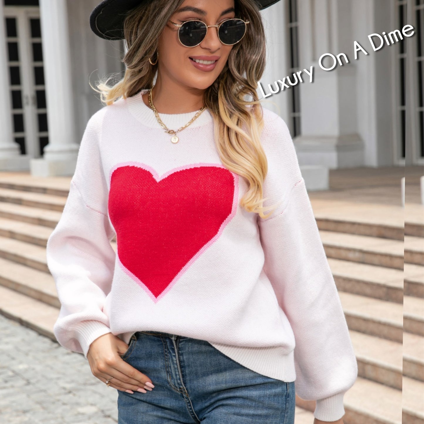 Knit Heart Contrasting Classic Round Neck Pullover Top Long Sleeve Sweater Shirt
