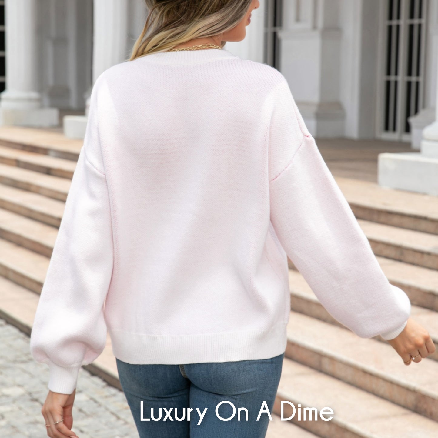 Knit Heart Contrasting Classic Round Neck Pullover Top Long Sleeve Sweater Shirt