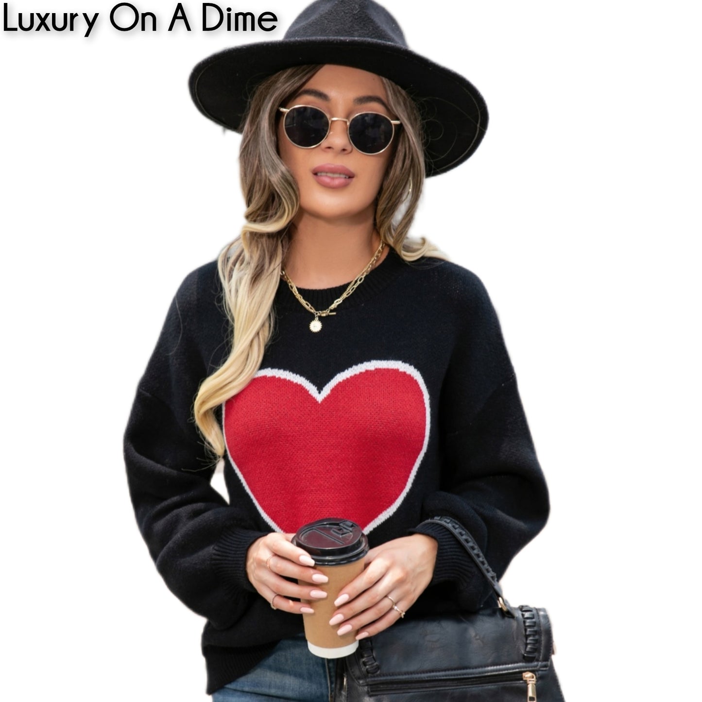 Knit Heart Contrasting Classic Round Neck Pullover Top Long Sleeve Sweater Shirt