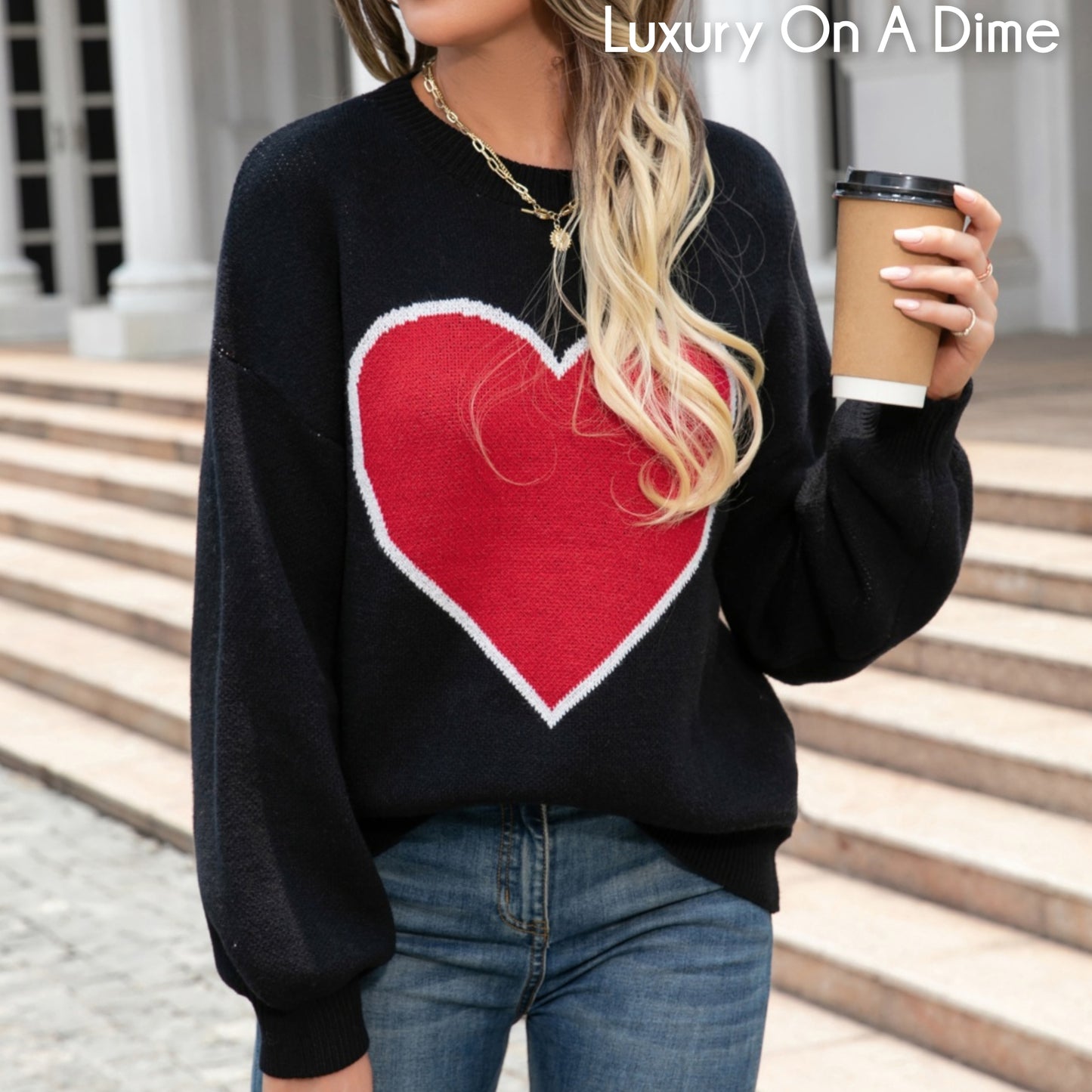 Knit Heart Contrasting Classic Round Neck Pullover Top Long Sleeve Sweater Shirt