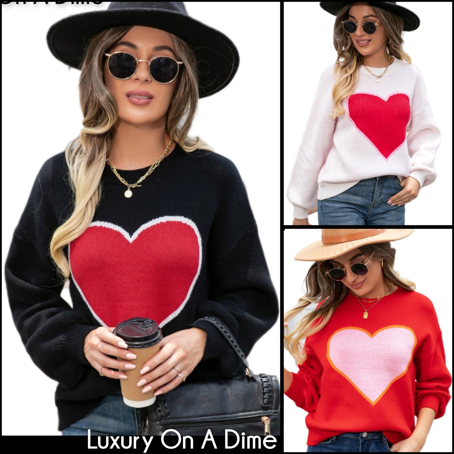 Knit Heart Contrasting Classic Round Neck Pullover Top Long Sleeve Sweater Shirt