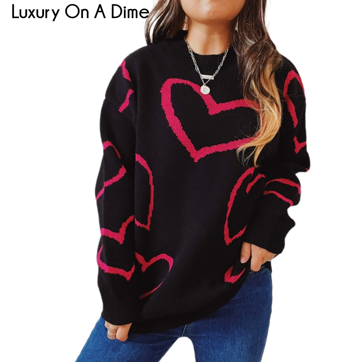 Knit Heart Color Contrasting Classic Long Sleeve Round Neck Pullover Sweater Top