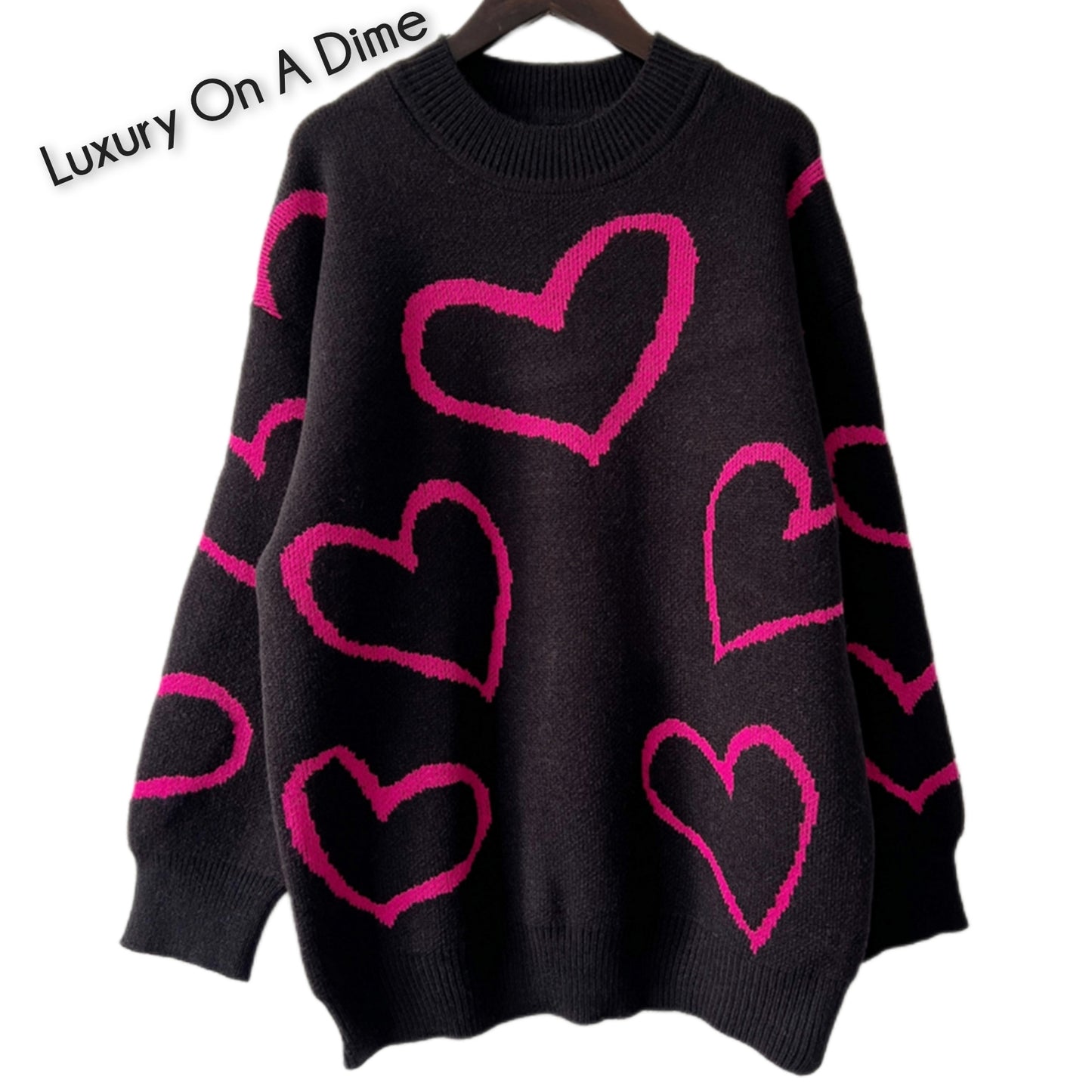 Knit Heart Color Contrasting Classic Long Sleeve Round Neck Pullover Sweater Top