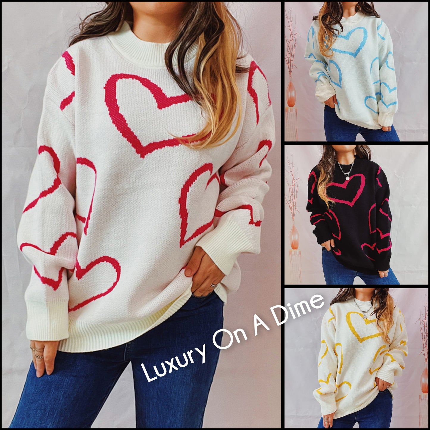 Knit Heart Color Contrasting Classic Long Sleeve Round Neck Pullover Sweater Top