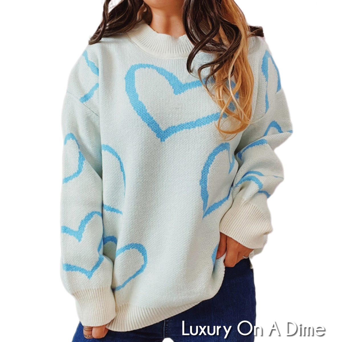 Knit Heart Color Contrasting Classic Long Sleeve Round Neck Pullover Sweater Top