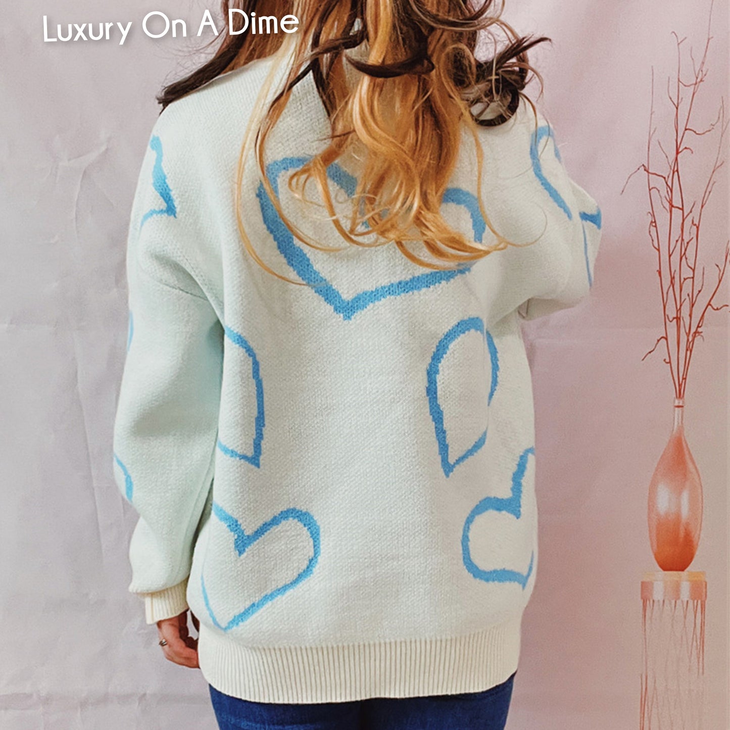 Knit Heart Color Contrasting Classic Long Sleeve Round Neck Pullover Sweater Top