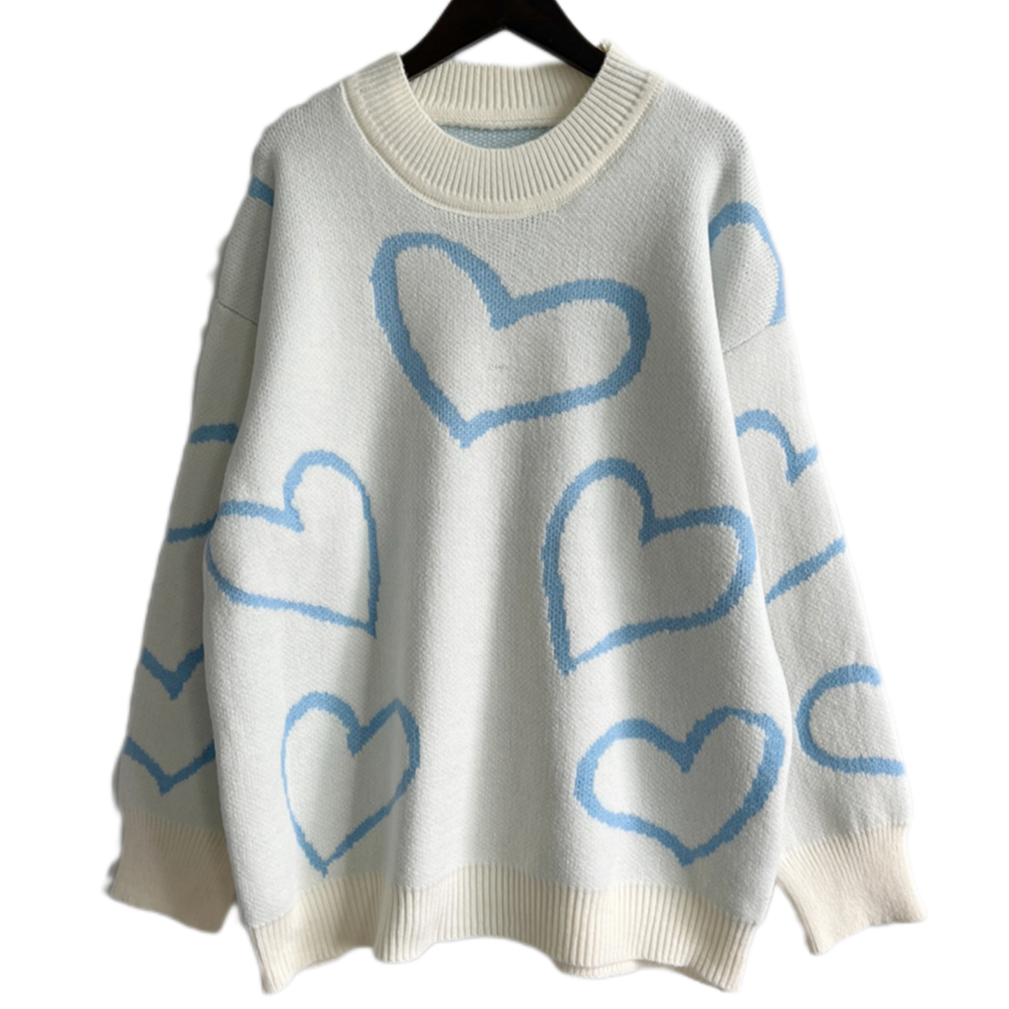 Knit Heart Color Contrasting Classic Long Sleeve Round Neck Pullover Sweater Top