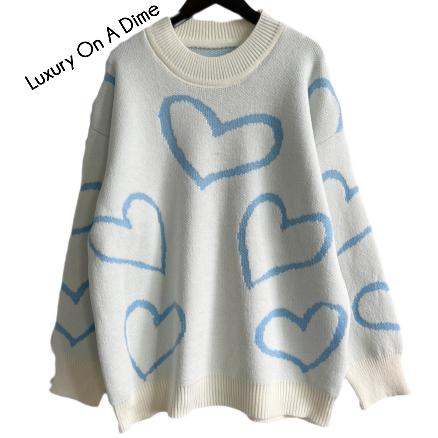 Knit Heart Color Contrasting Classic Long Sleeve Round Neck Pullover Sweater Top