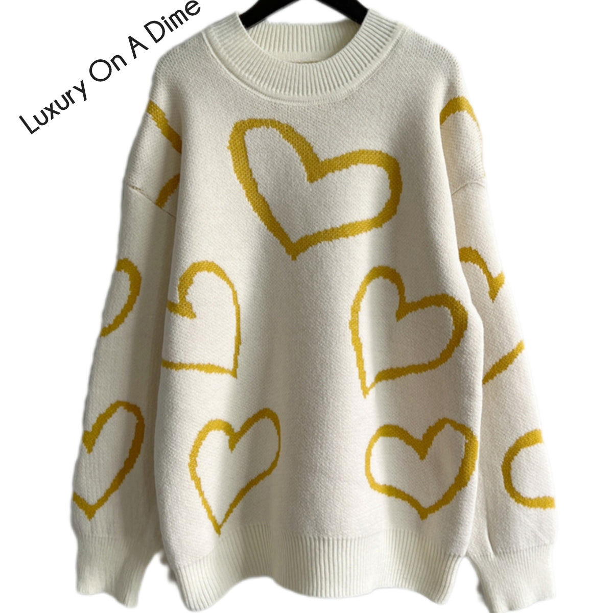 Knit Heart Color Contrasting Classic Long Sleeve Round Neck Pullover Sweater Top