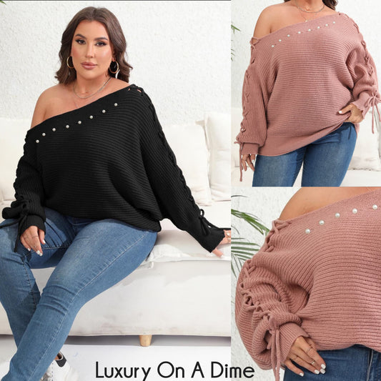 Beaded Pearl Lace Up Sleeve Off Shoulder Asymmetrical Boat Neck Sweater Plus Size Only