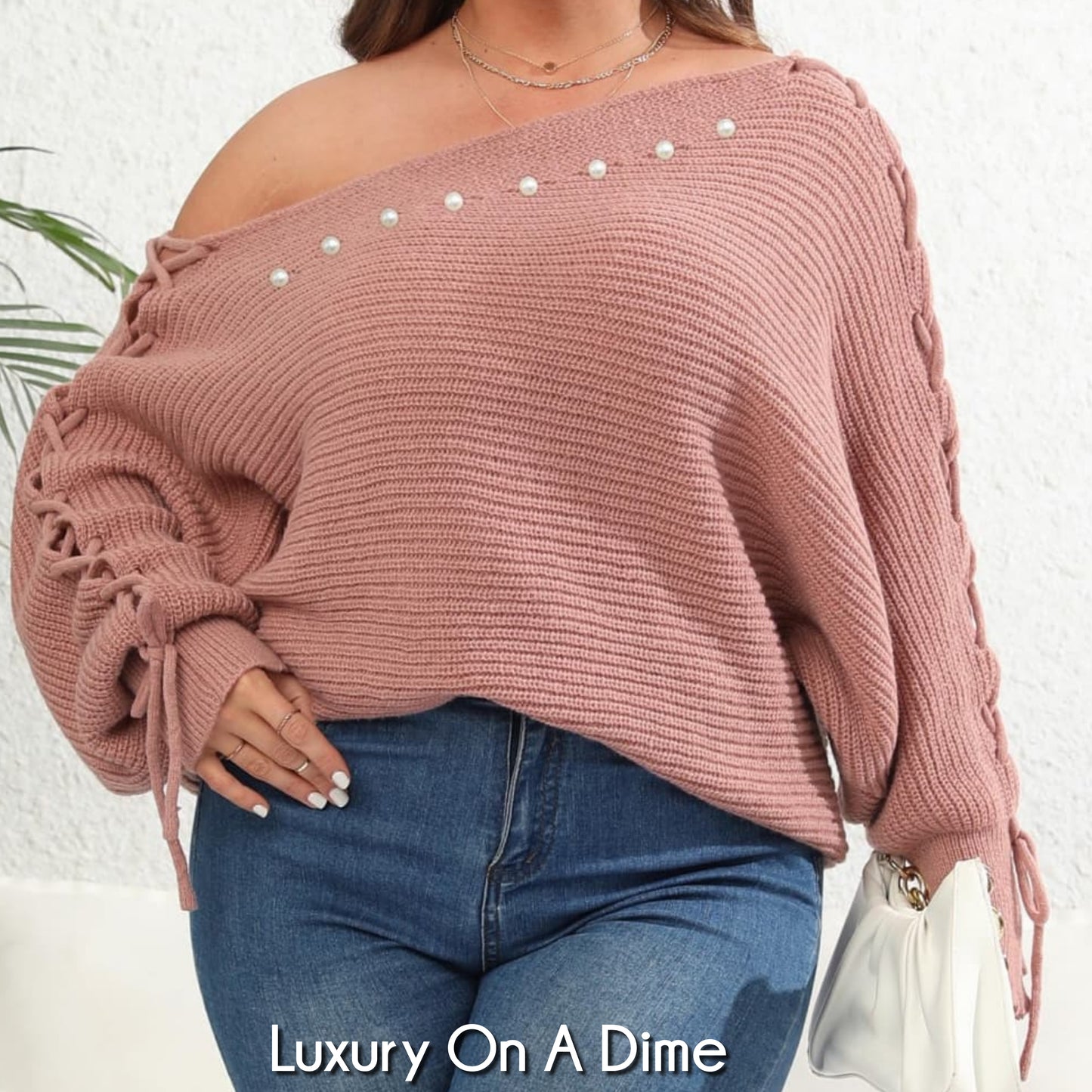 Beaded Pearl Lace Up Sleeve Off Shoulder Asymmetrical Boat Neck Sweater Plus Size Only