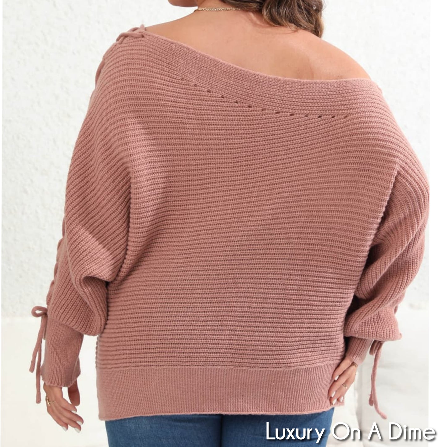 Beaded Pearl Lace Up Sleeve Off Shoulder Asymmetrical Boat Neck Sweater Plus Size Only