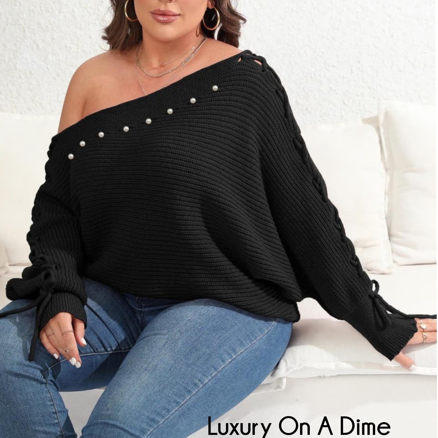 Beaded Pearl Lace Up Sleeve Off Shoulder Asymmetrical Boat Neck Sweater Plus Size Only