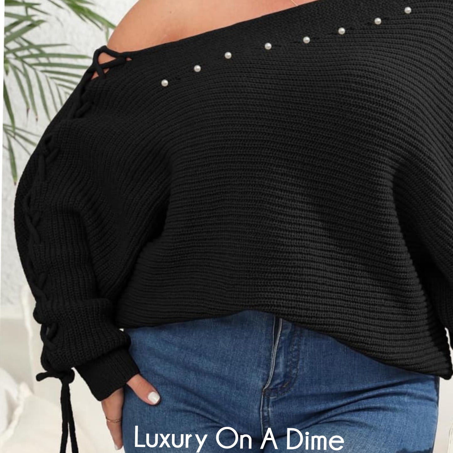 Beaded Pearl Lace Up Sleeve Off Shoulder Asymmetrical Boat Neck Sweater Plus Size Only