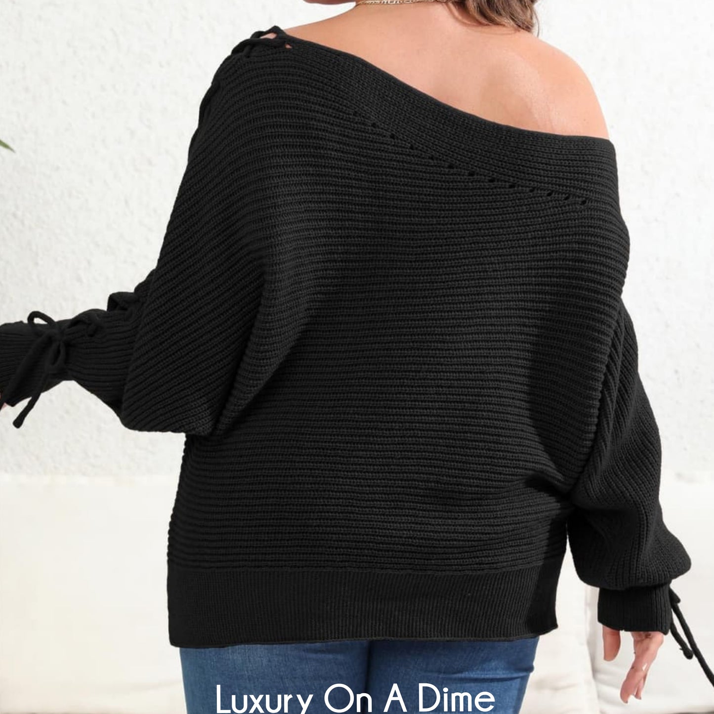 Beaded Pearl Lace Up Sleeve Off Shoulder Asymmetrical Boat Neck Sweater Plus Size Only