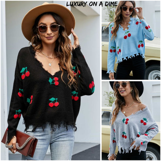 Cherry Crop Top Long Sleeve Raw Hem Knit Pullover Sweater (3 colors available)