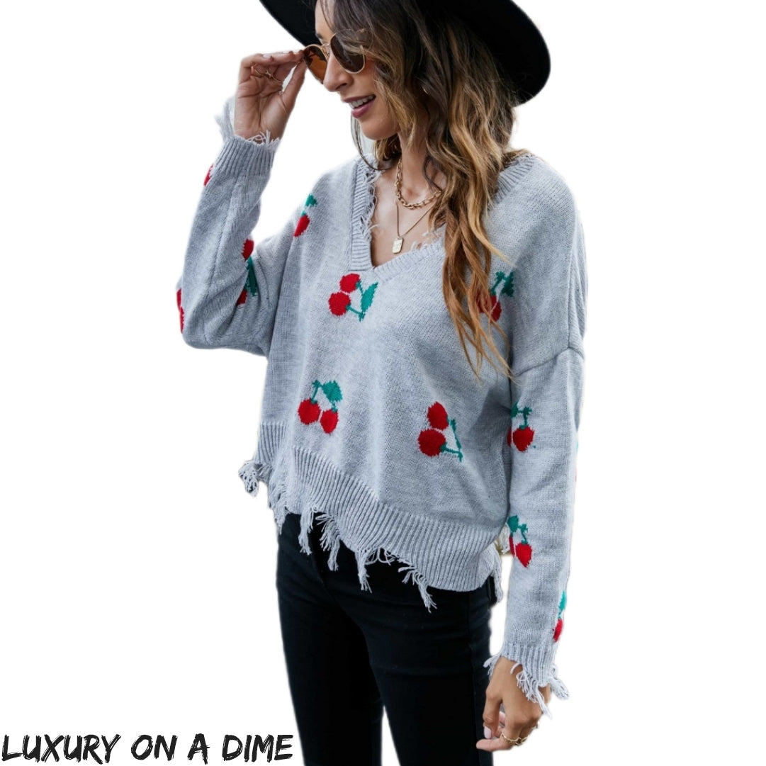 Cherry Crop Top Long Sleeve Raw Hem Knit Pullover Sweater (3 colors available)