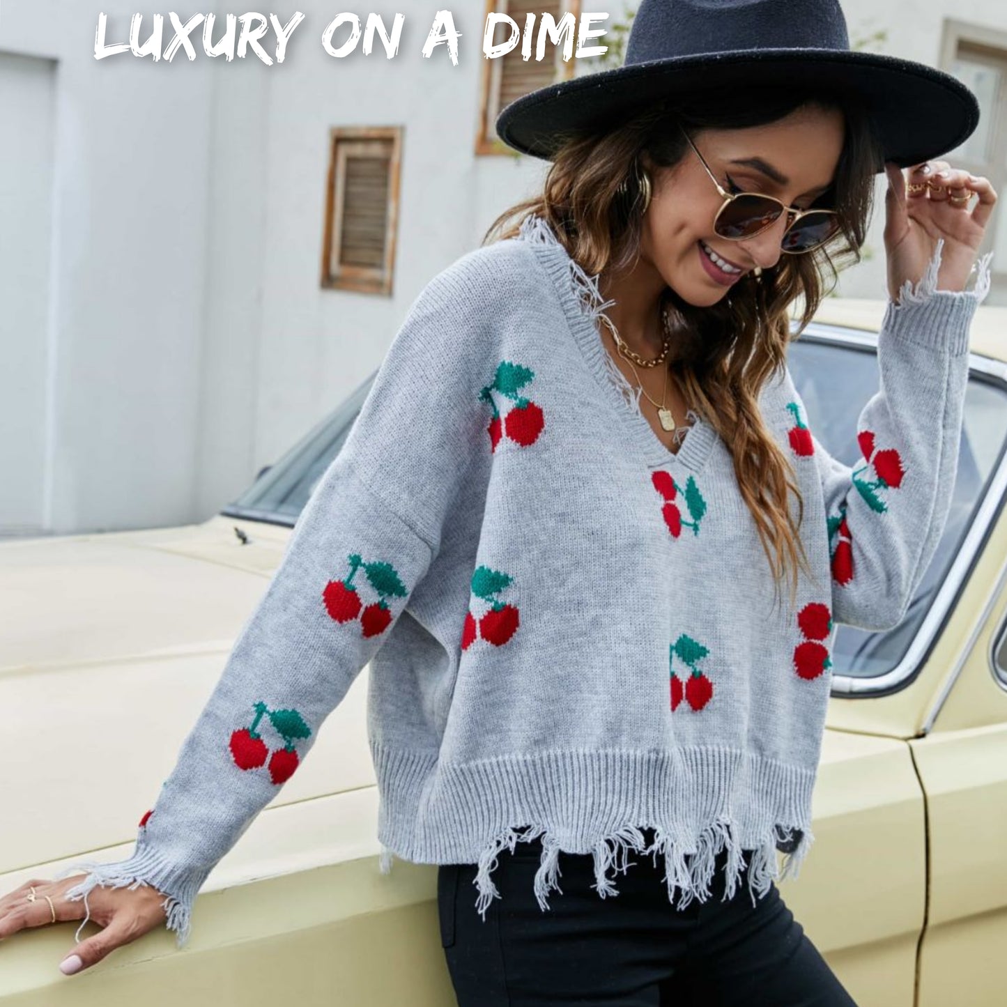 Cherry Crop Top Long Sleeve Raw Hem Knit Pullover Sweater (3 colors available)