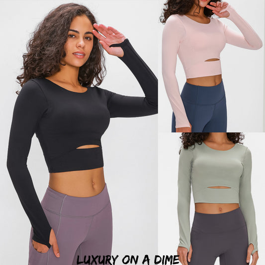 Long Sleeve Athletic Cut-out Yoga Activewear Crop Top (4 colors available)