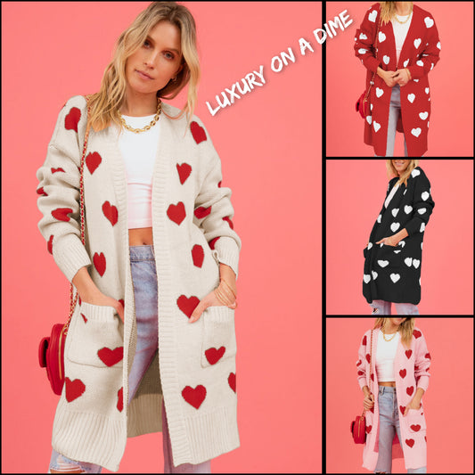 Red Heart Long Knit Open Front Longline Pocket Casual Sweater Cardigan